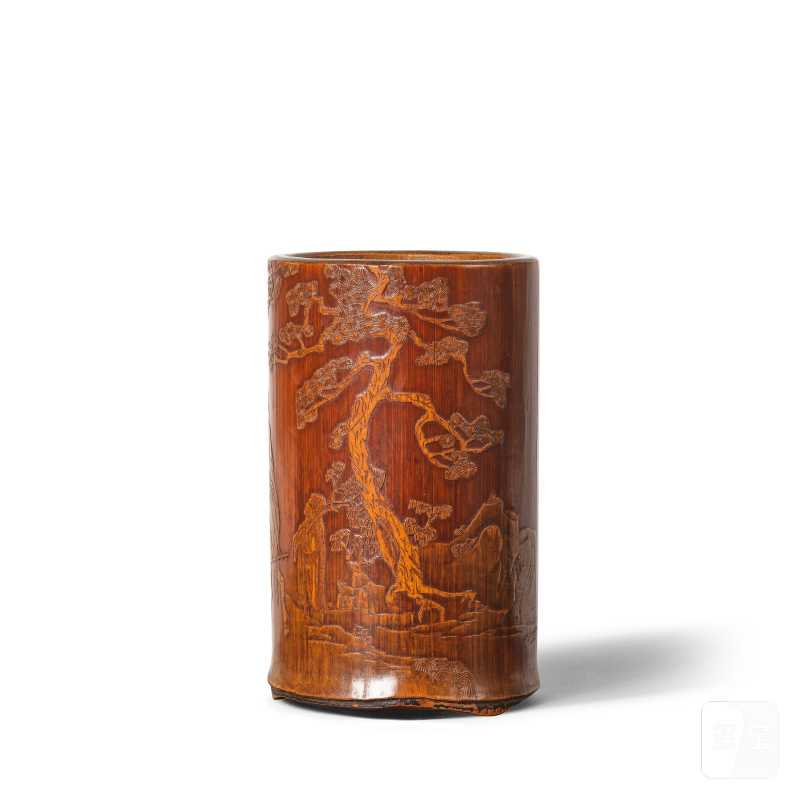 清康熙 竹雕松下高士圖筆筒 「沈兼」款 | POT À PINCEAUX EN BAMBOU SCULPTÉ - 图4